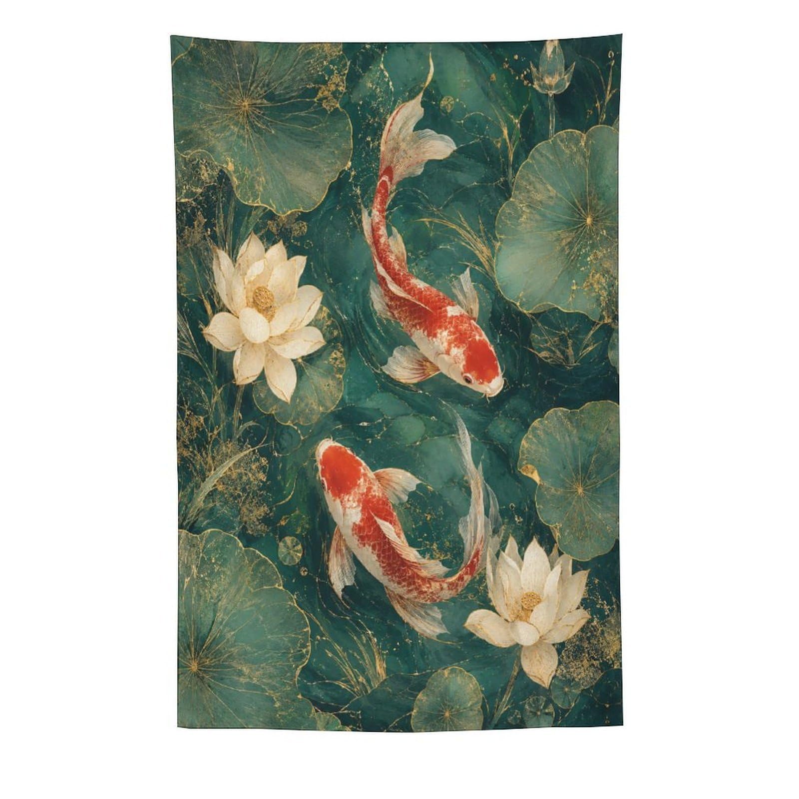 H3B8U2Y5 Koi Fish Lotus Wall Tapestry, Watercolor, Ceiling Hanging