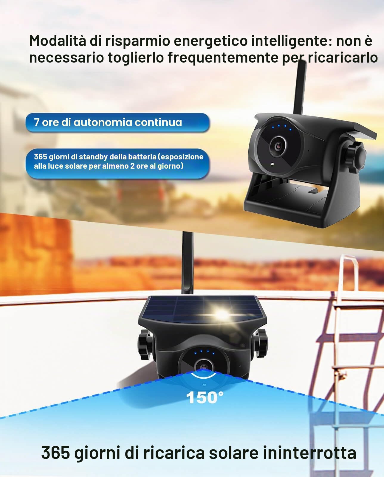 1080P - Telecamera per retromarcia a energia solare, senza fili, con visione notturna, 365 giorni, IP66, batteria ricaricabile per rimorchi, camper, camion, auto, compatibile con cellulare Android