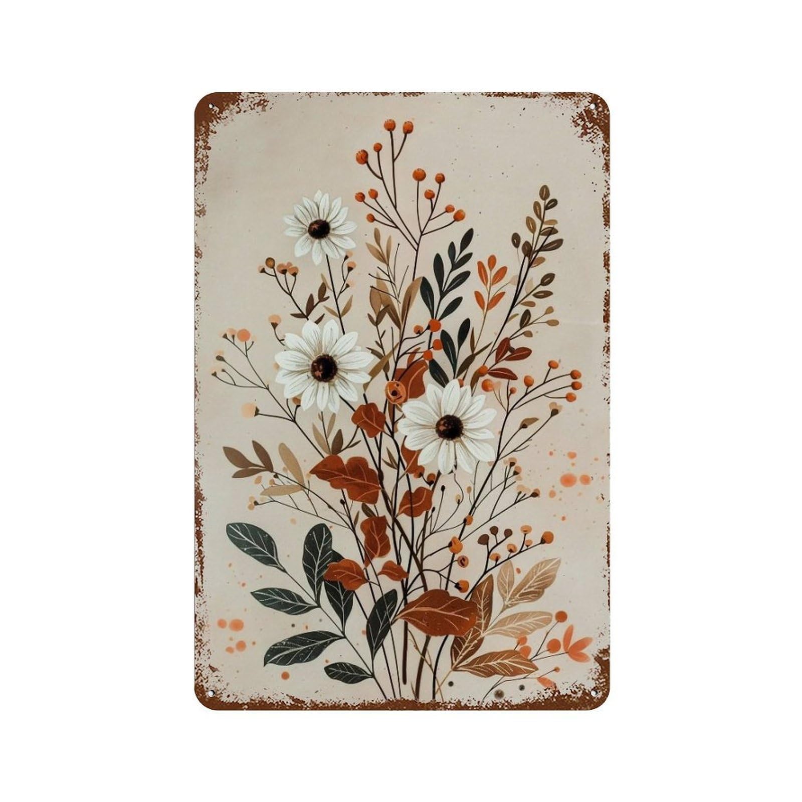 WUJHGRSG Earthy Tone Vertical Layered Floral Sprig 02 Wall Art Retro Iron Vintage Metal Tin Sign Poster Modern Decor for Home Cofffee Club Bar Shop Style 30x20cm