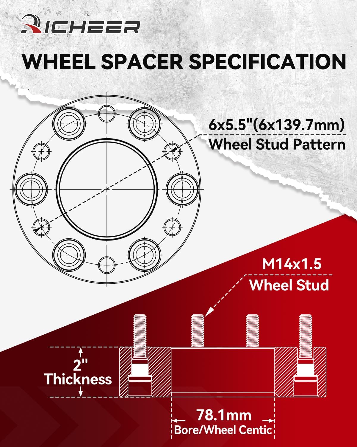 Richeer 2 Inch 6x5.5 Hubcentric Wheel Spacer for Silverado Sierra 1500, 6 Lug 6x139.7mm Wheel Spacers with 14x1.5 Studs & 78.1mm Bore for Tahoe Suburban Avalanche Express Yukon