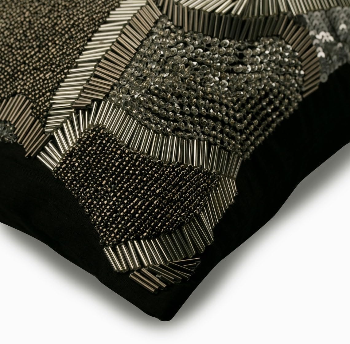 The HomeCentric Decorative Black 12"x16" (30x40 cm) Lumbar Pillow Cover, Silk Beaded Oblong Pillow, Abstract Pattern Modern Style Halloween Decorations - Black Silver Trend