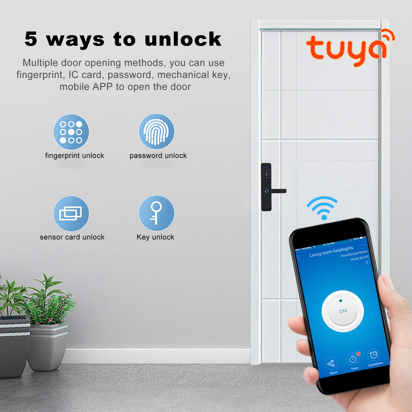Cerradura de puerta inteligente Tarjeta de huella digital Llaves de contraseña Desbloqueo Seguridad impermeable Cerradura antirrobo Manija electrónica Wifi con panel táctil retroiluminado para Tuya