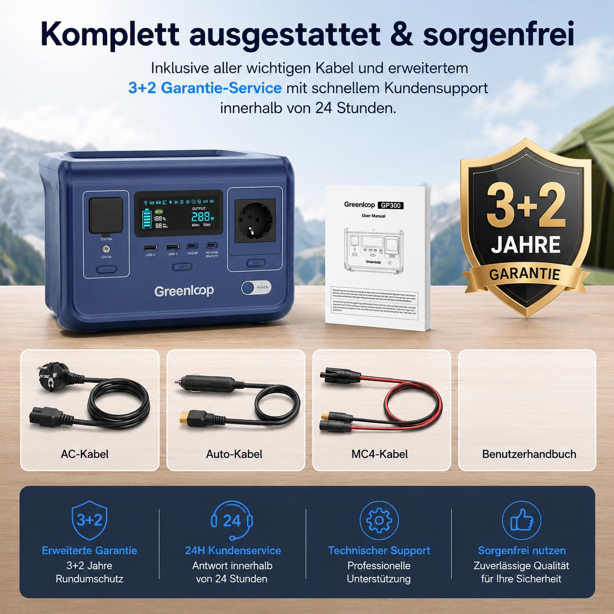 Greenloop Powerstation 300W (600W Spitze), 288Wh mit EVE LiFePO4 Zellen, Solar Generator mit 230V Steckdose, USV 10ms, USB-C PD140W, 7 Anschlüsse -– Tragbare Notstromversorgung für Camping