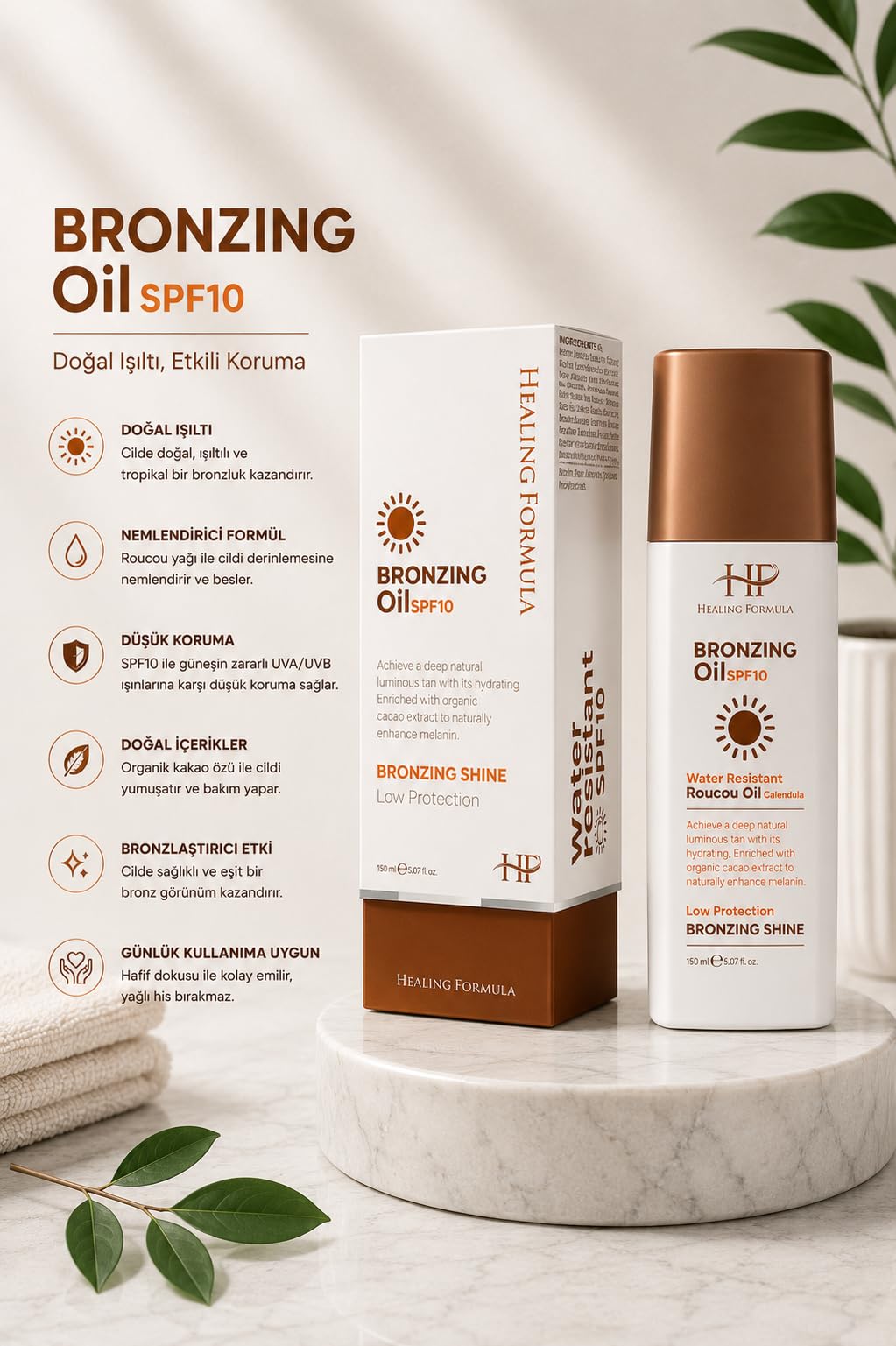 HF HEALING FORMULA Bronzing Oil, SPF 10+ Nemlendirici ve Besleyici Vücut Bakım Yağı, Coconut Oil, Vitamin E, Panthenol ve Doğal Bitkisel Yağlar ile, 150 ml