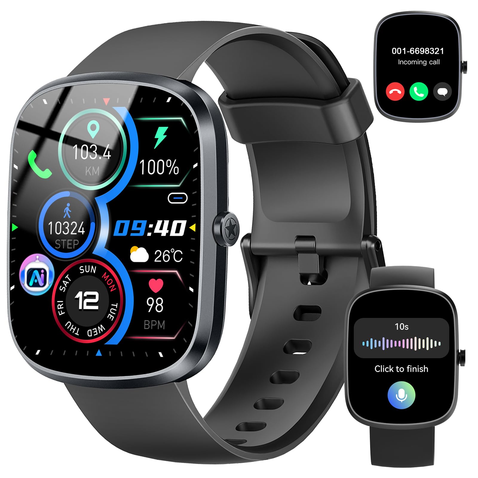 AI Smart Watch for Men Women, 1.91" HD Smartwatch with Heart Rate/Sleep Monitor/Pedometer/Calories, 110+ Sports Fitness Watch, IP68 Waterproof Activity Tracker for Android/iOS(Black)