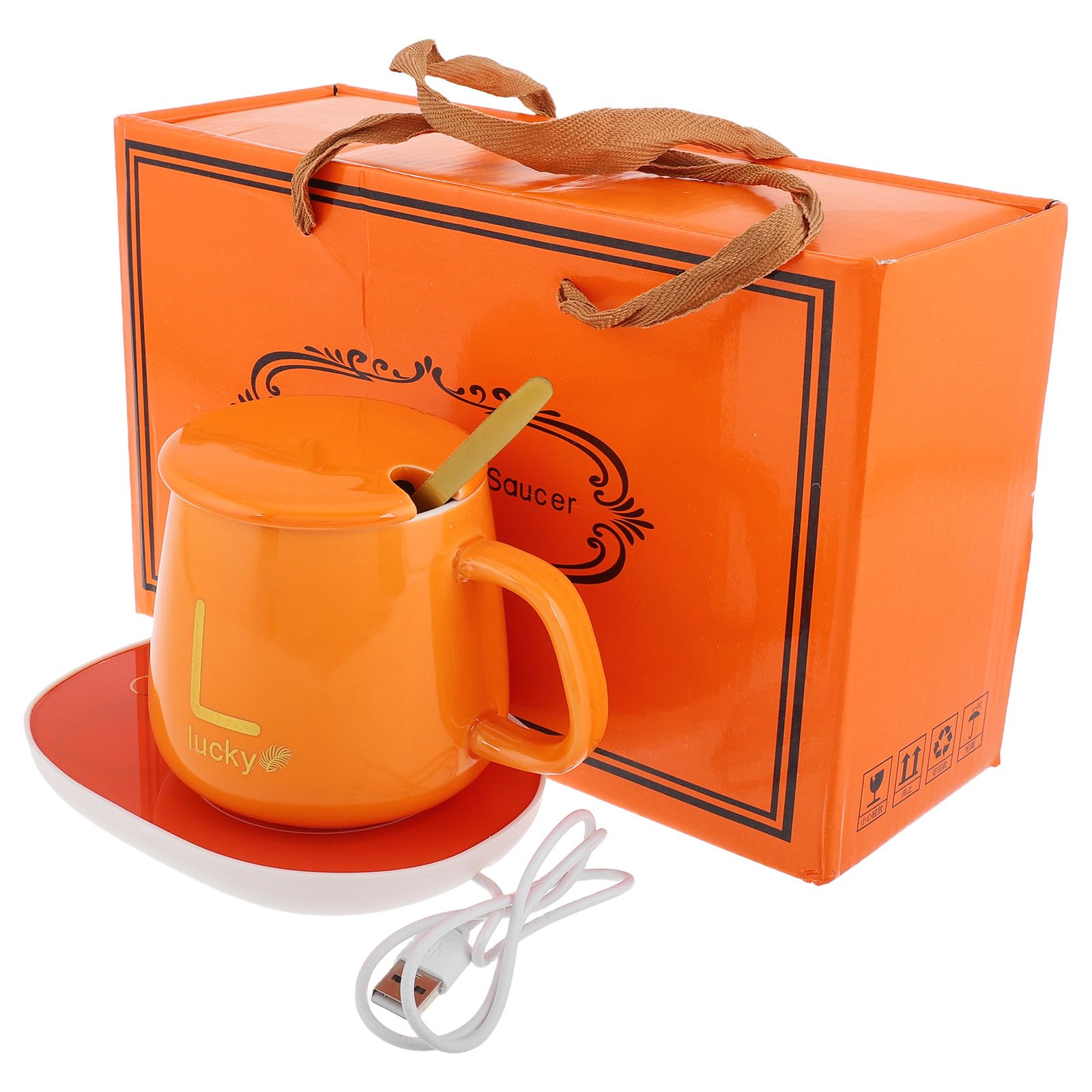 GARVALON Scalda Tazze Elettrico Portatile USB con Tazza in Ceramica Arancione, Riscaldamento un Tocco e Funzione Spegnimento Automatico, per Colazione e Bevande Calde, Confezione Regalo
