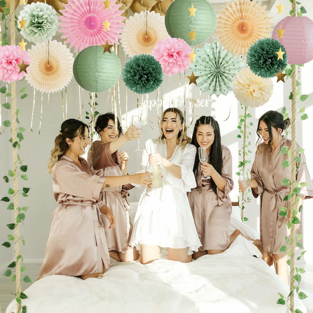 12 Stück Pompons Deko In Salbeigrün - Romantische Papierbommeln Für Partys