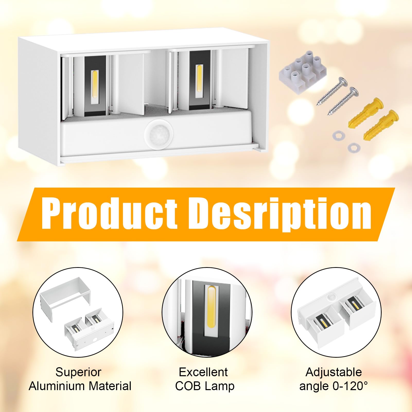 Klighten 24W lampa z czujnikiem ruchu, lampa ścienna zewnętrzna/wewnętrzna, IP65 4000K, lampa z czujnikiem ruchu, biała