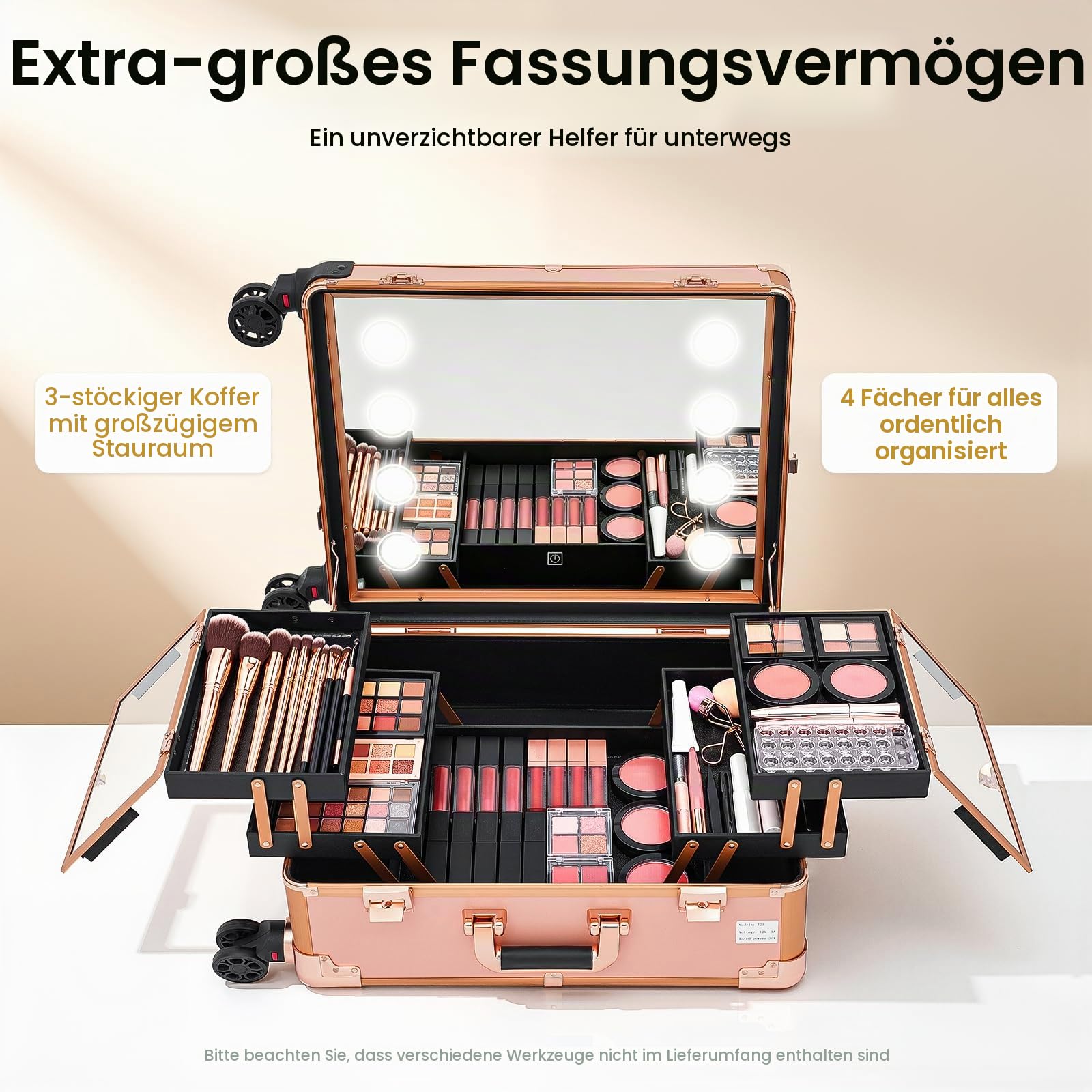 Kosmetikkoffer Trolley Schminkkoffer mit Beleuchtung & Spiegel, Make up Koffer mit verstellbare Beine Profi-Schminkstation mit Rollen Kosmetik Trolley Beauty Case