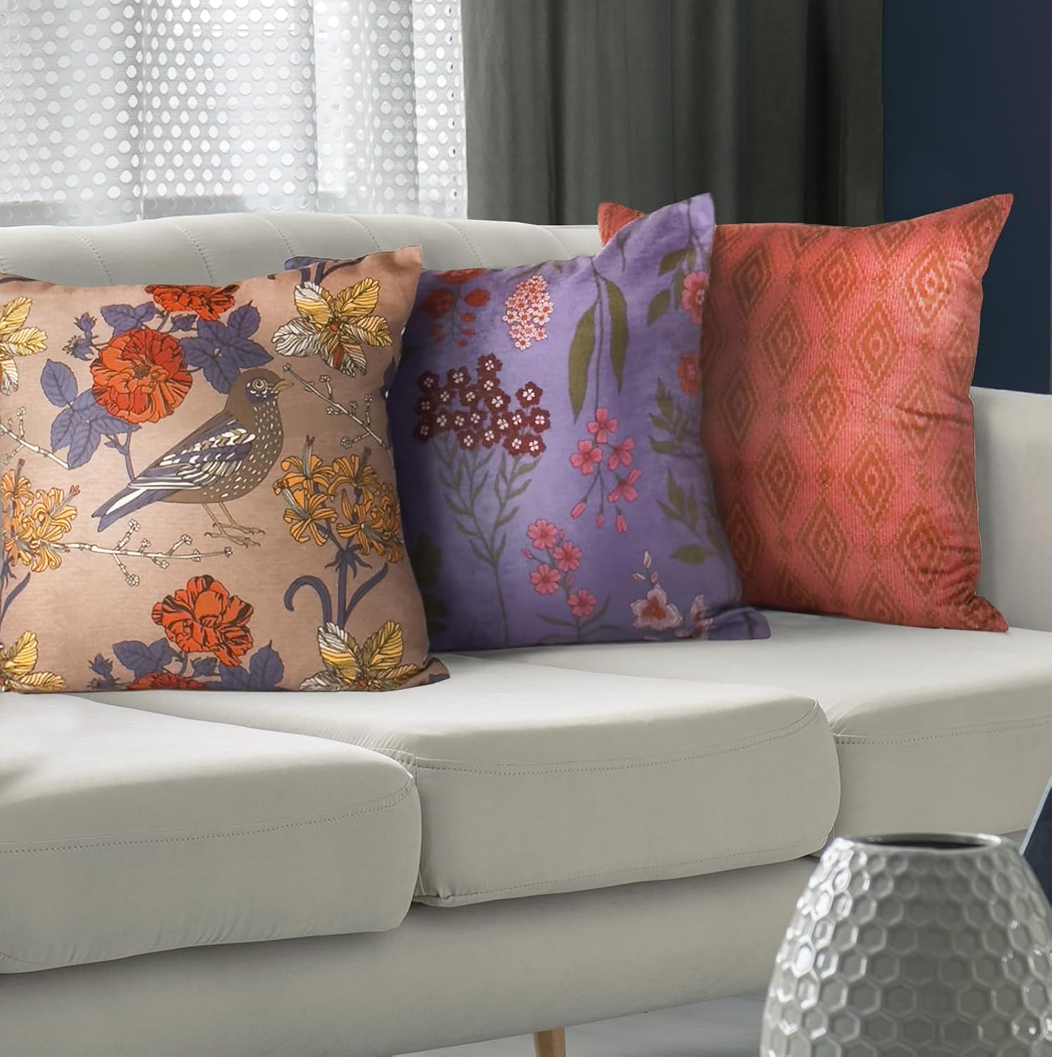 Decorative Throw Pillow Set of 4, 18" x 18" Colorful Accent Pillow Covers, Flora & Fauna