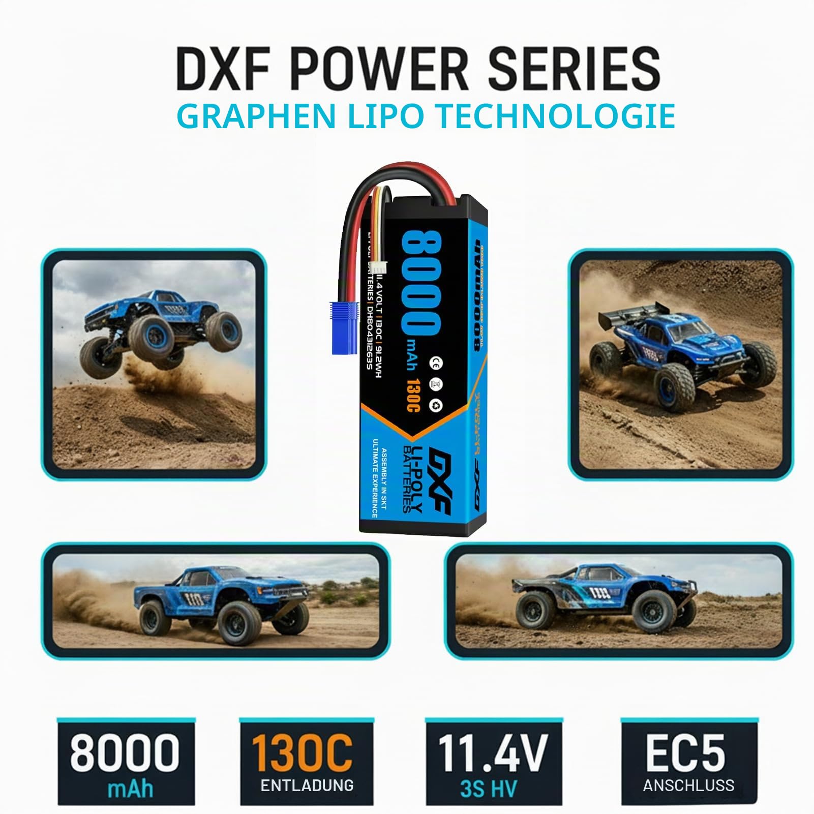 DXF 3S HV LiPo Akku 11.4V 8000mAh 130C 2 Pack mit EC5 Stecker Battery Pack für 1:8 1:10 RC Auto Truck Buggy Fahrzeuge Racing Offroad Modellbau Hochleistung Langlebig Leistungsstark Zuverlässig