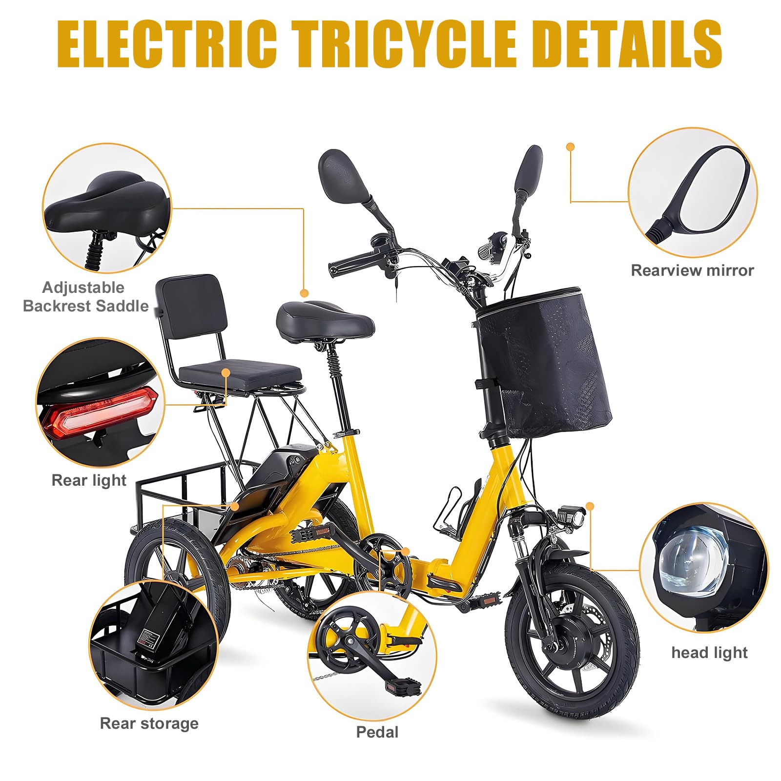 Nuovo Triciclo Elettrico per Adulti del 2025 - E-Bike Pieghevole A 3 Ruote con Display LCD, Carico di 180 kg E Autonomia di 45 Km, 3 modalità di Guida, Clacson, Luce A LED Yellow