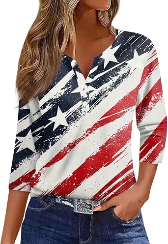 4th of July Shirts Women 3/4 Length Sleeve Womens Tops Henley Neck Casual Patriotic T Shirts