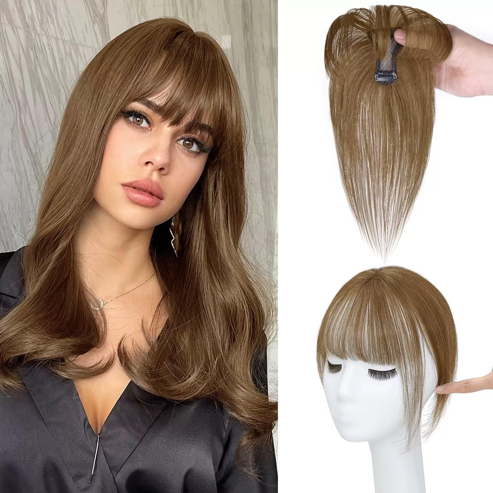 RUNRAYAY Hair Toppers for Women Real Human Hair 10 Inch 3D Clip in Bangs Human Hair Toppers with Thinning Hair 165% Density Hair Topper Middle Part Clip in Bangs Toppers Hair Pieces
