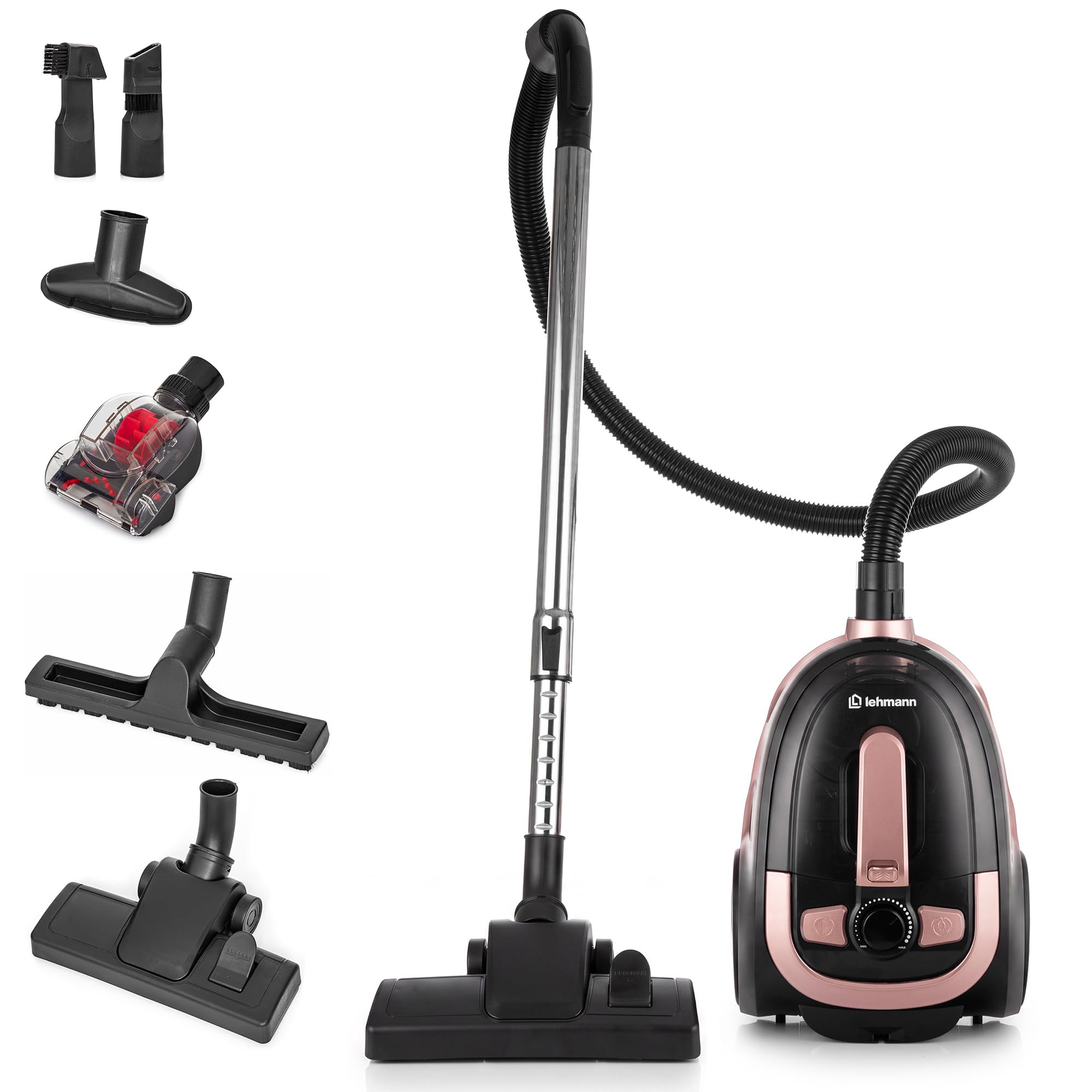 LEHMANN Aspirapolvere a Traino senza Sacco, Potente Tecnologia Ciclonica, Filtro HEPA Doppio, Capacità Serbatoio 2,5 L, Raggio d’azione 9 m, Set 5 Accessori con Spazzola Turbo per Peli Animali