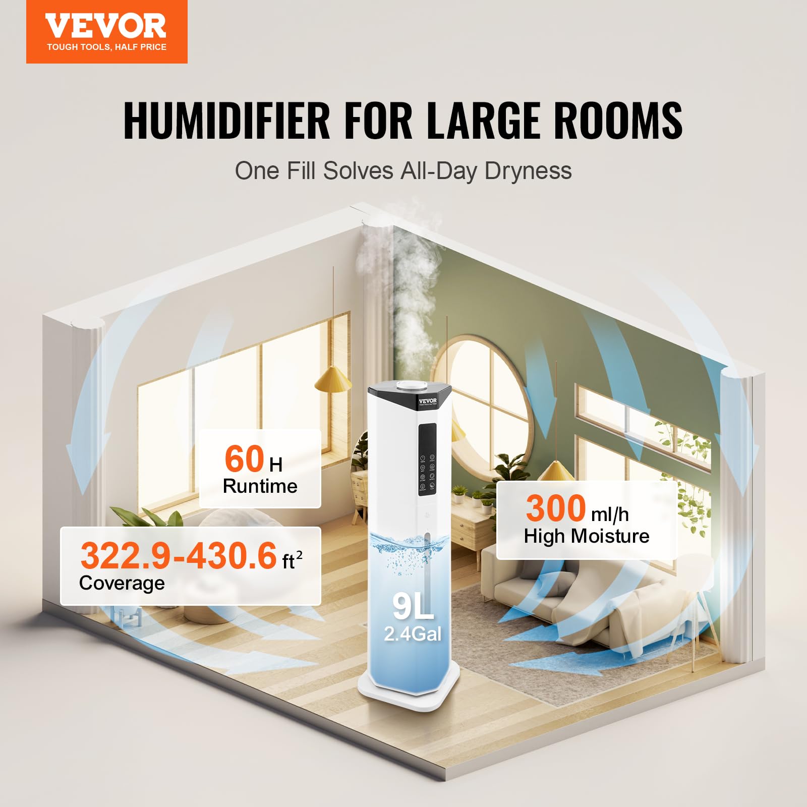 VEVOR Humidificateur Commercial Industriel 40 m², 300 mL/h, Réservoir Eau 9 L, Brume Fraiche, Recharge par le Haut, avec Pulvérisation Rotative Automatique, pour Toute la Maison, Serre, Plante, Bureau
