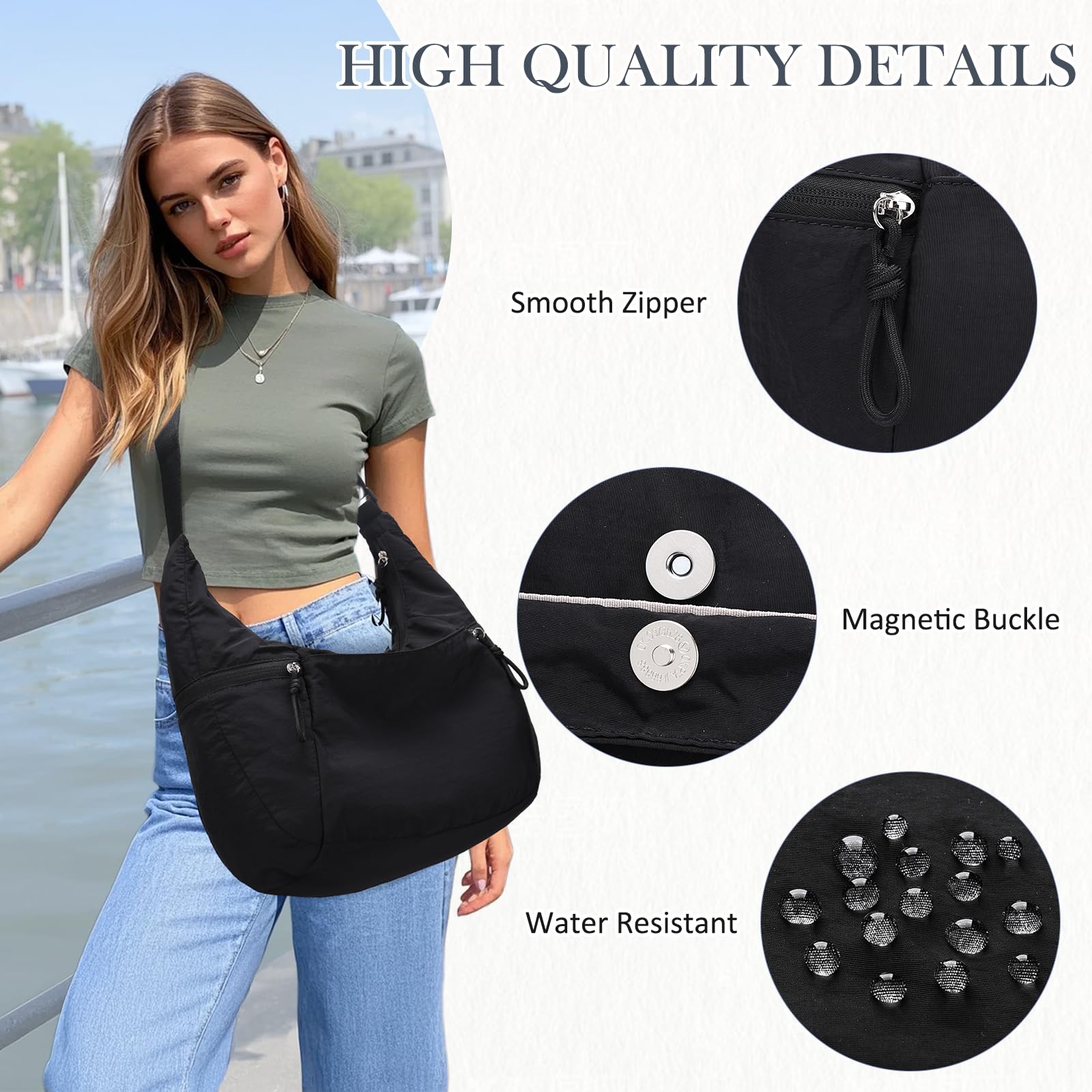 VASCHY Torba crossbody, półksiężyc, dla kobiet, na co dzień, lekka, nylonowa, średnia, luźna, hobo, torebka, na podróż, siłownię, do pracy, na uczelnię
