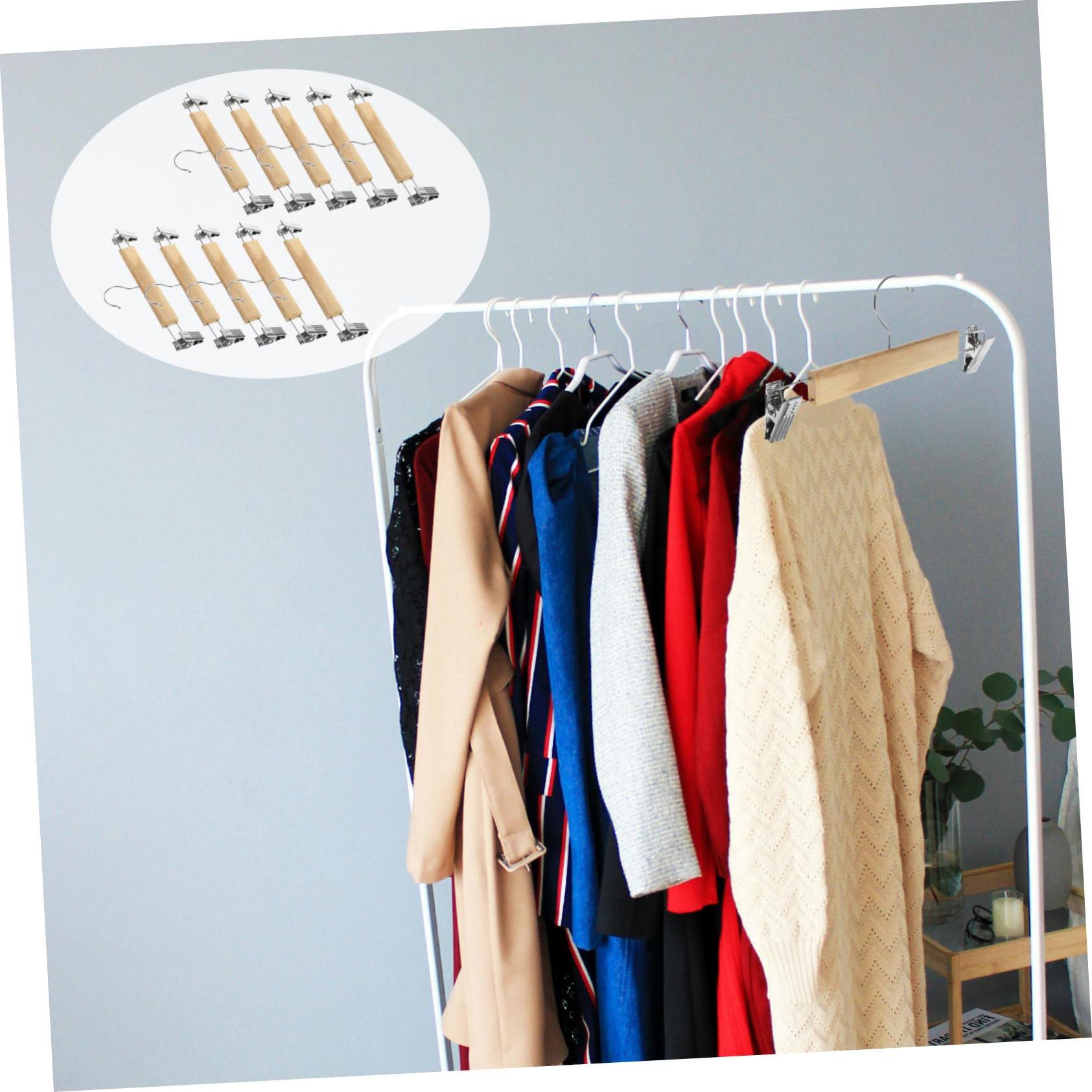 GLEAVI 10 Grucce per Pantaloni e Gonne in Legno con Clip, Acciaio Inossidabile, Resistenti All'usura, Salvaspazio per Armadio
