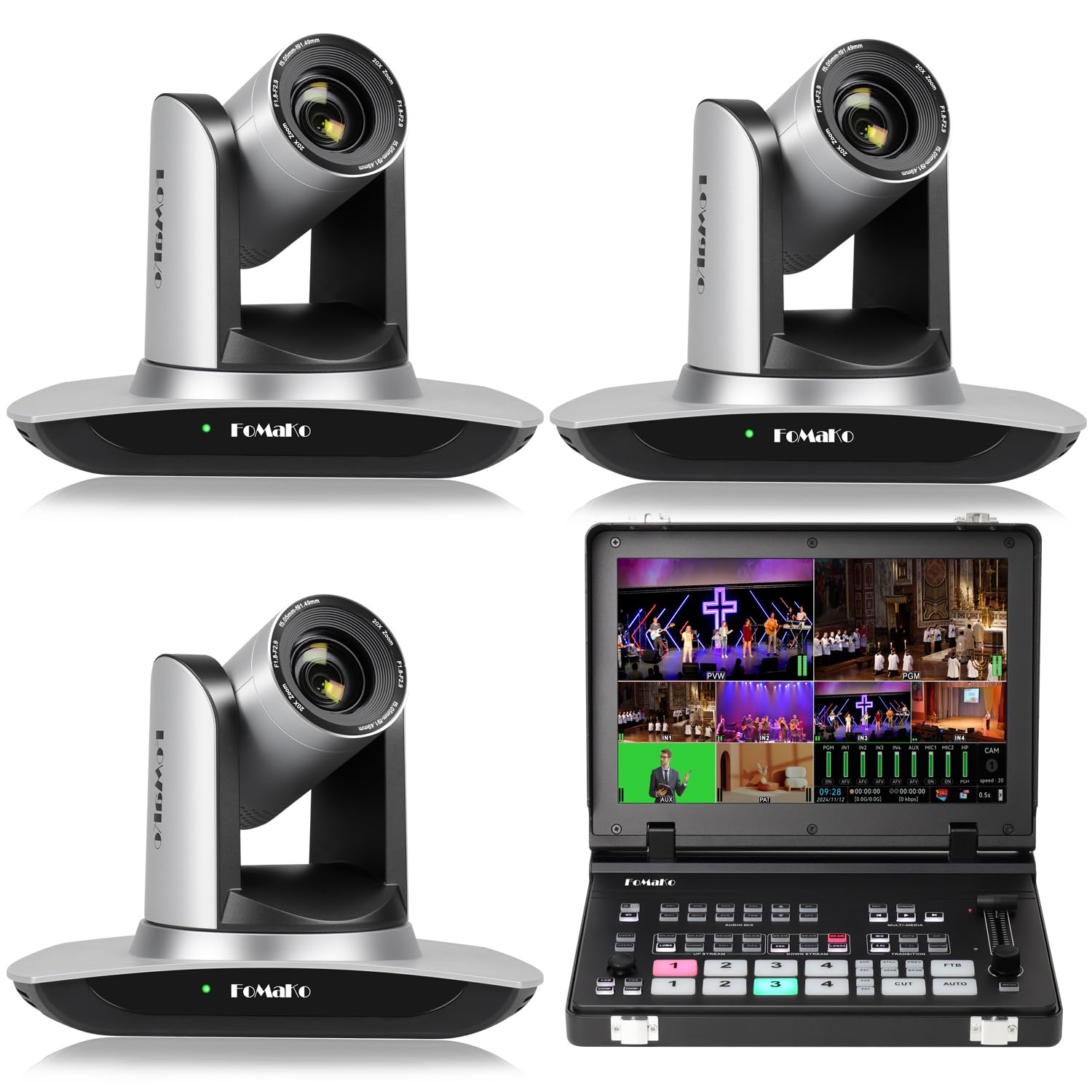 FoMaKo 20x Optical Zoom AI Auto Tracking HDMI PTZ Camera(3pcs), M5 Video Mixer Switcher, for Church Services Worship Education,PTZ Bundle(FMK12UH X3+M5)