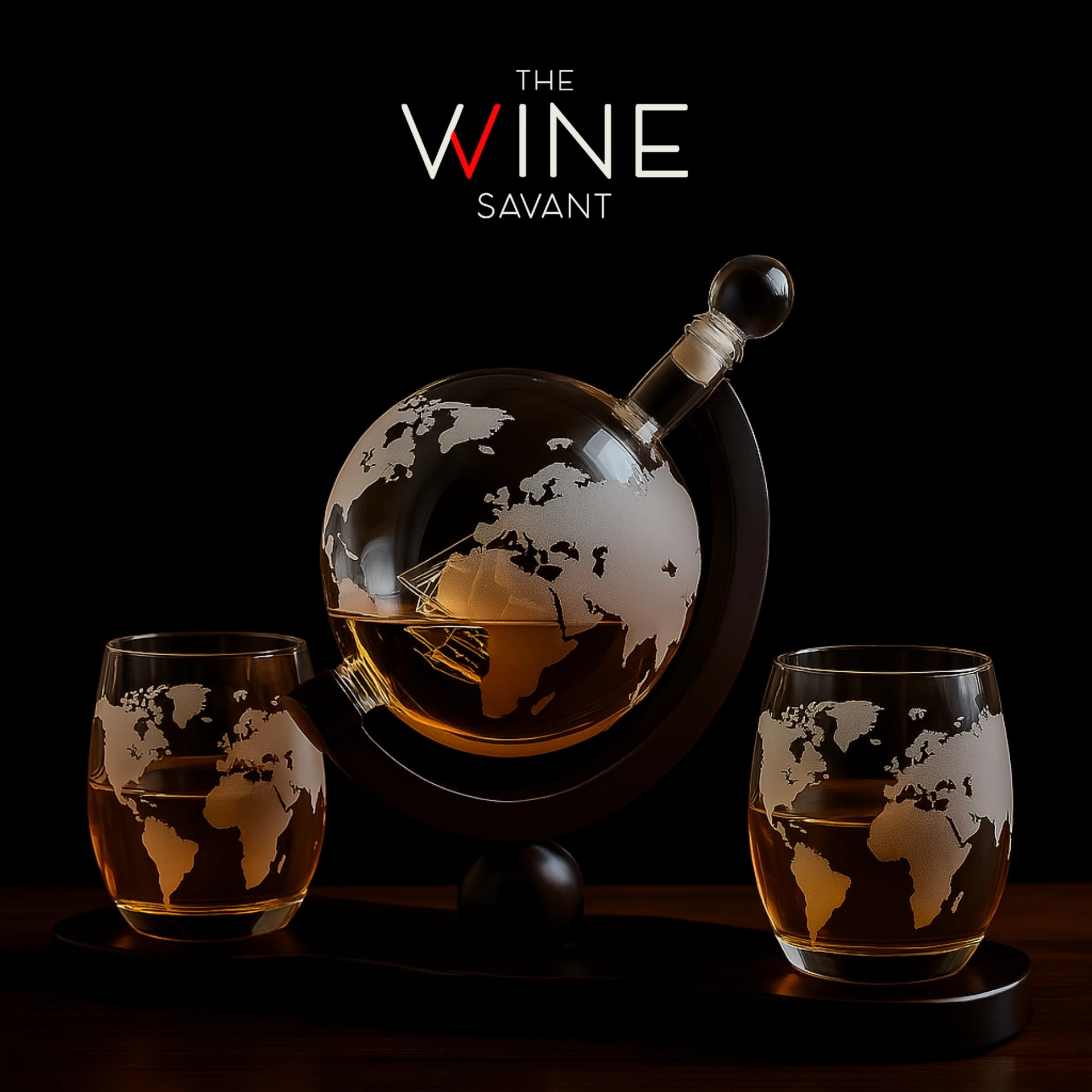 Cadeaux pour papa, hommes Carafe à whisky et à vin Globe World Set avec verres globe Anniversaire Réchauffement de la maison pour liqueur Scotch Bourbon Vodka, Cadeau pour lui - 850 ml