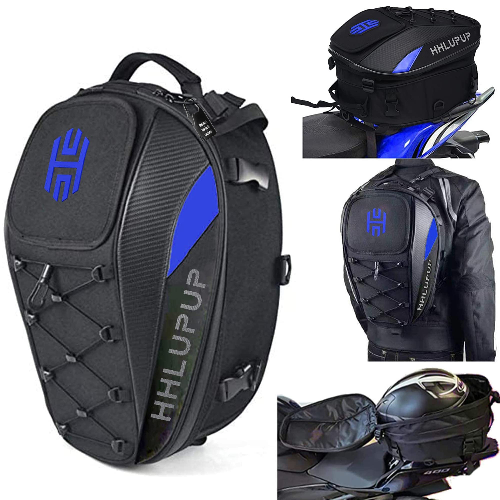 Borsa da sella per casco da moto, zaino da moto da 38 litri, impermeabile, borsa per casco da moto, 25-38 l, grande capacità, doppio uso (blu)