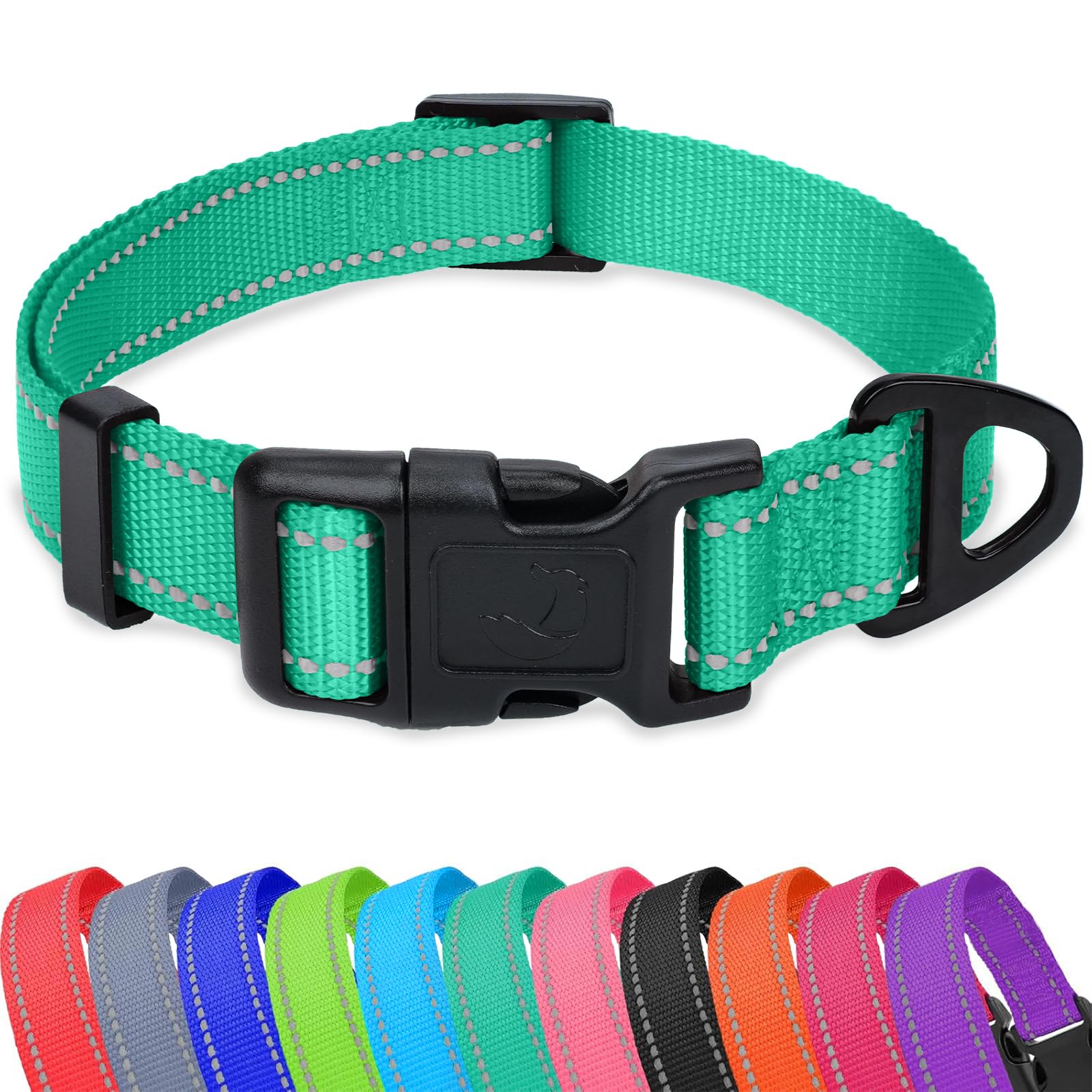 Taglory Reflective Adjustable Dog Collars for Puppy Small Medium Large Dogs, Thin Nylon Webbing and Quick Release Plastic Buckle(Teal Green, Small)