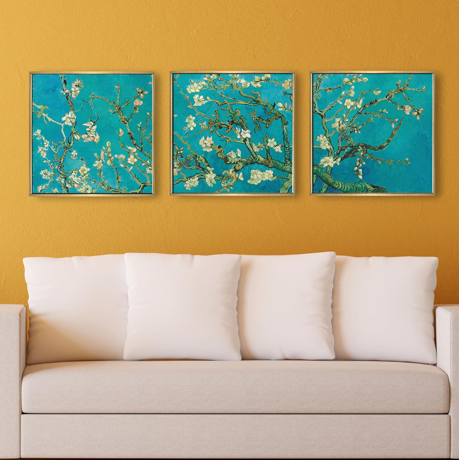 PAPER PLANE DESIGN Almond Blossoms by Van Gogh Giclee Canvas Prints Framed Wall Art for Living Room Bedroom (GOLDEN FLOATER FRAME)