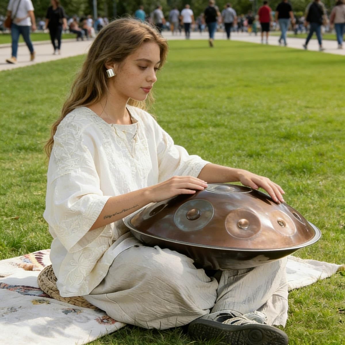 Handpan 432Hz/440Hz Strumento a Percussione 22 Pollici Re Minore 9/10/12 Note Tamburo in Acciaio con Borsa Morbida, Mazze, Handpan per Yoga e Guarigione Sonora(Gold-Silver,432HZ/10Note)