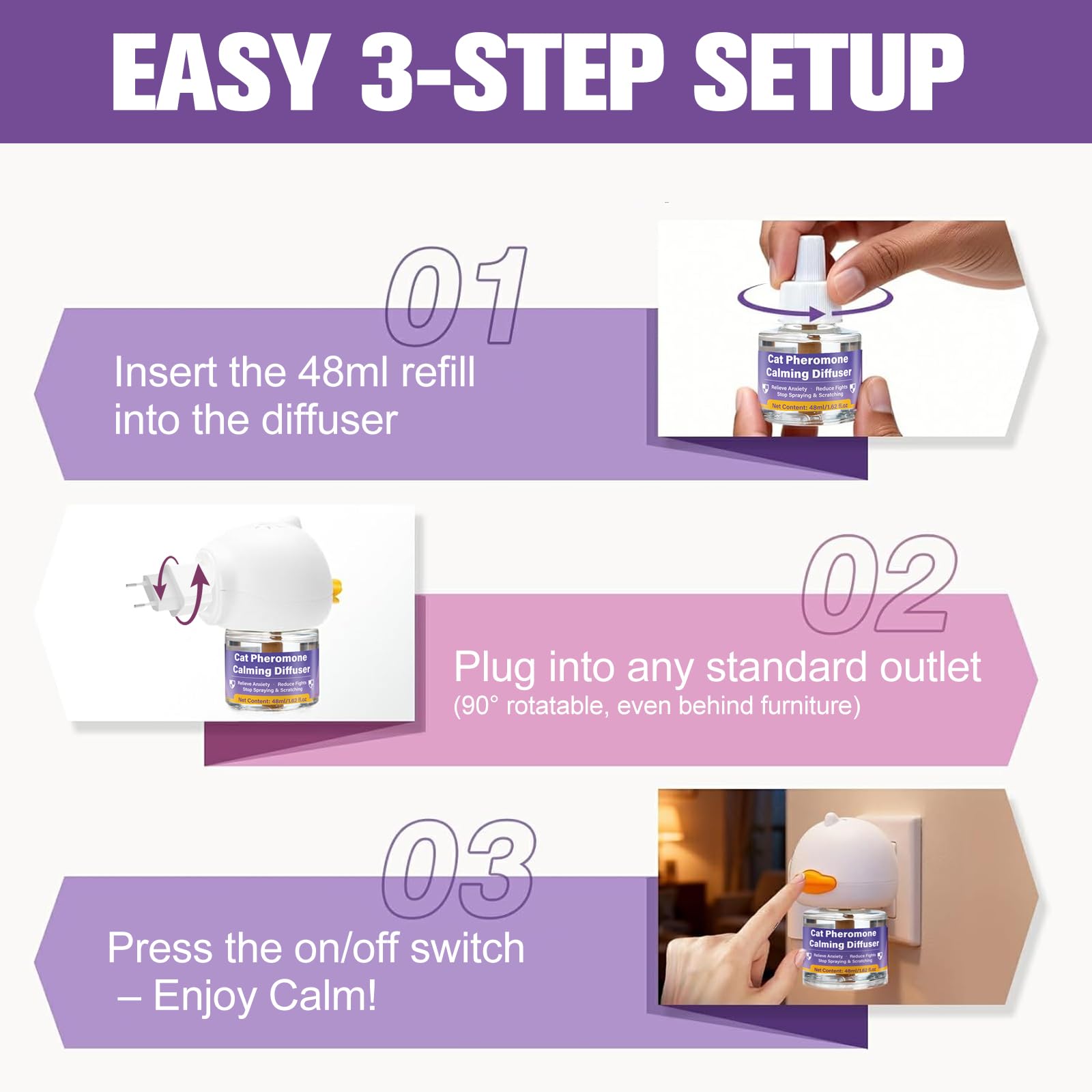 Cats & Kittens Pheromone Calming Diffuser for Cats, 48ml Refill 4 Pack + 2 Diffusers, 120 Days Long-Lasting, Relieve Anxiety, Reduce Fighting, Stop Spraying & Scratching, Safe for Pets & Humans - image 5