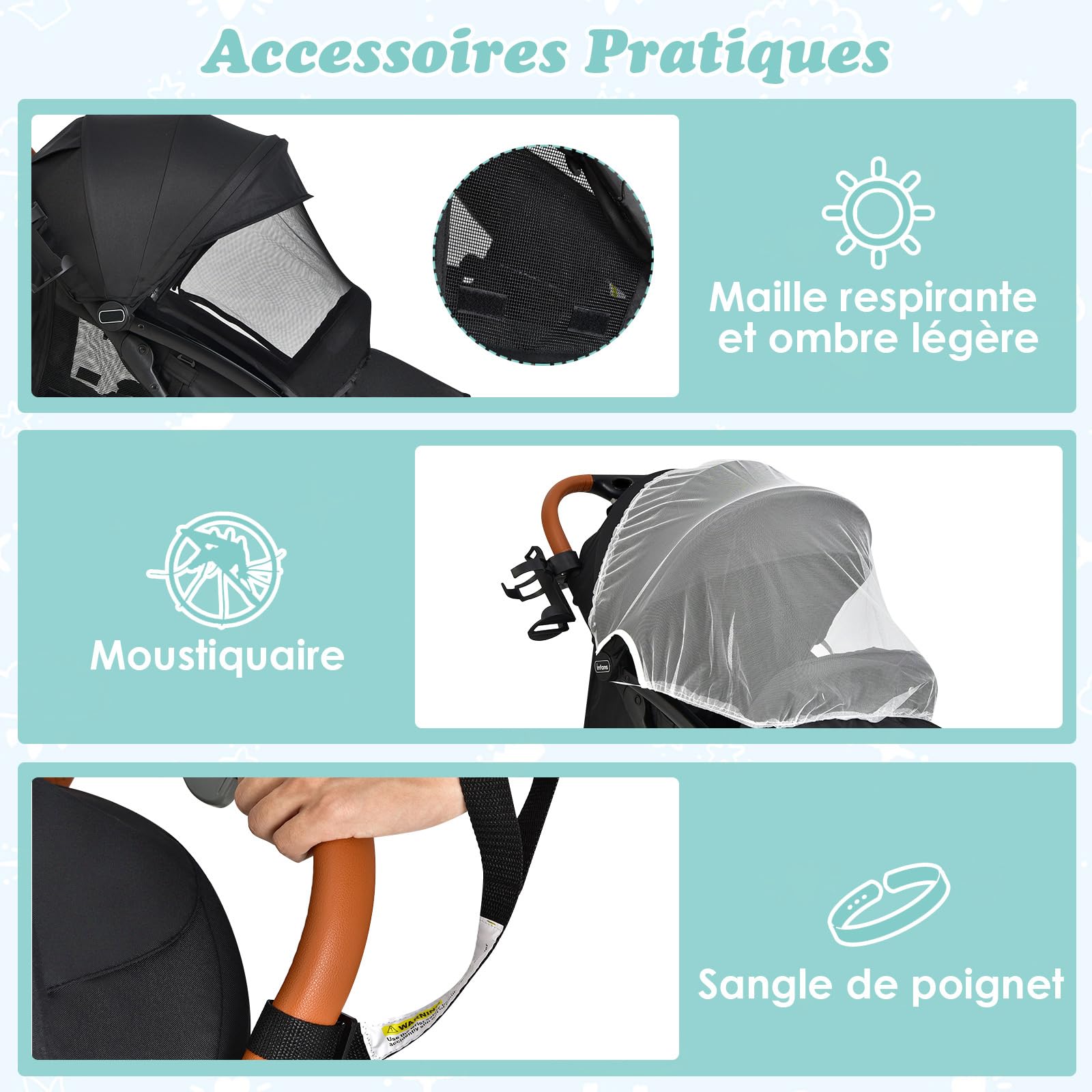 COSTWAY Poussette Canne Bébé 0-3 Ans(Charge 15 kg) avec Dossier & Auvent Réglables, Poussette Compact et Légère avec Moustiquaire & Roues avec Frein, Pliable à une Main, Rangement Inférieur(Noir)