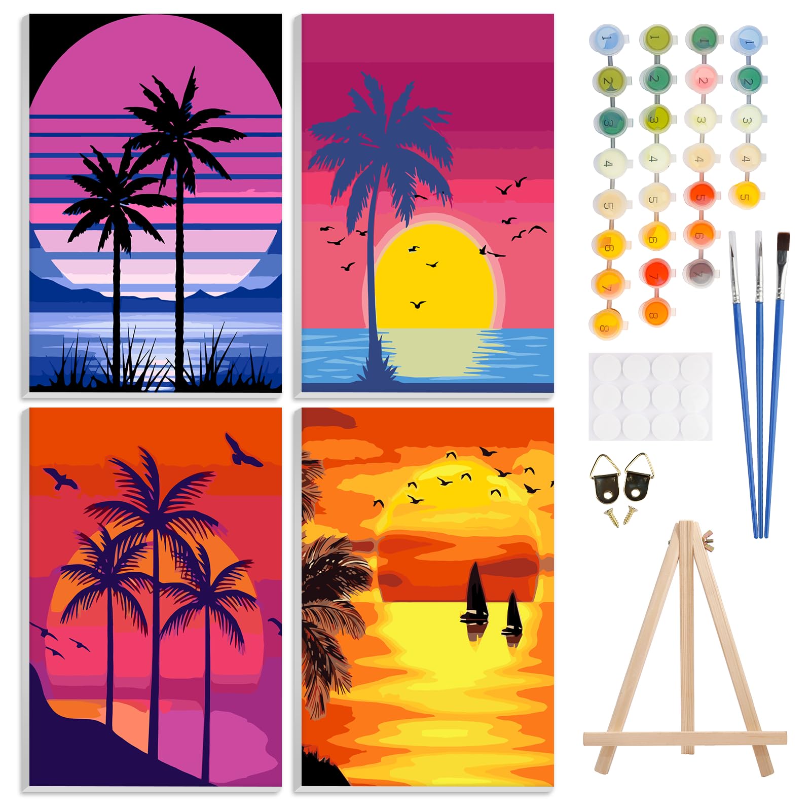 4 Pack Paint by Number Kits for Adults with Framed Canvas&Wooden Easel, DIY Adult Painting by Number Kit, Sunset Beach Oil Acrylic Painting Kit for Beginners, Arts and Crafts for Home Decor 8x12inch
