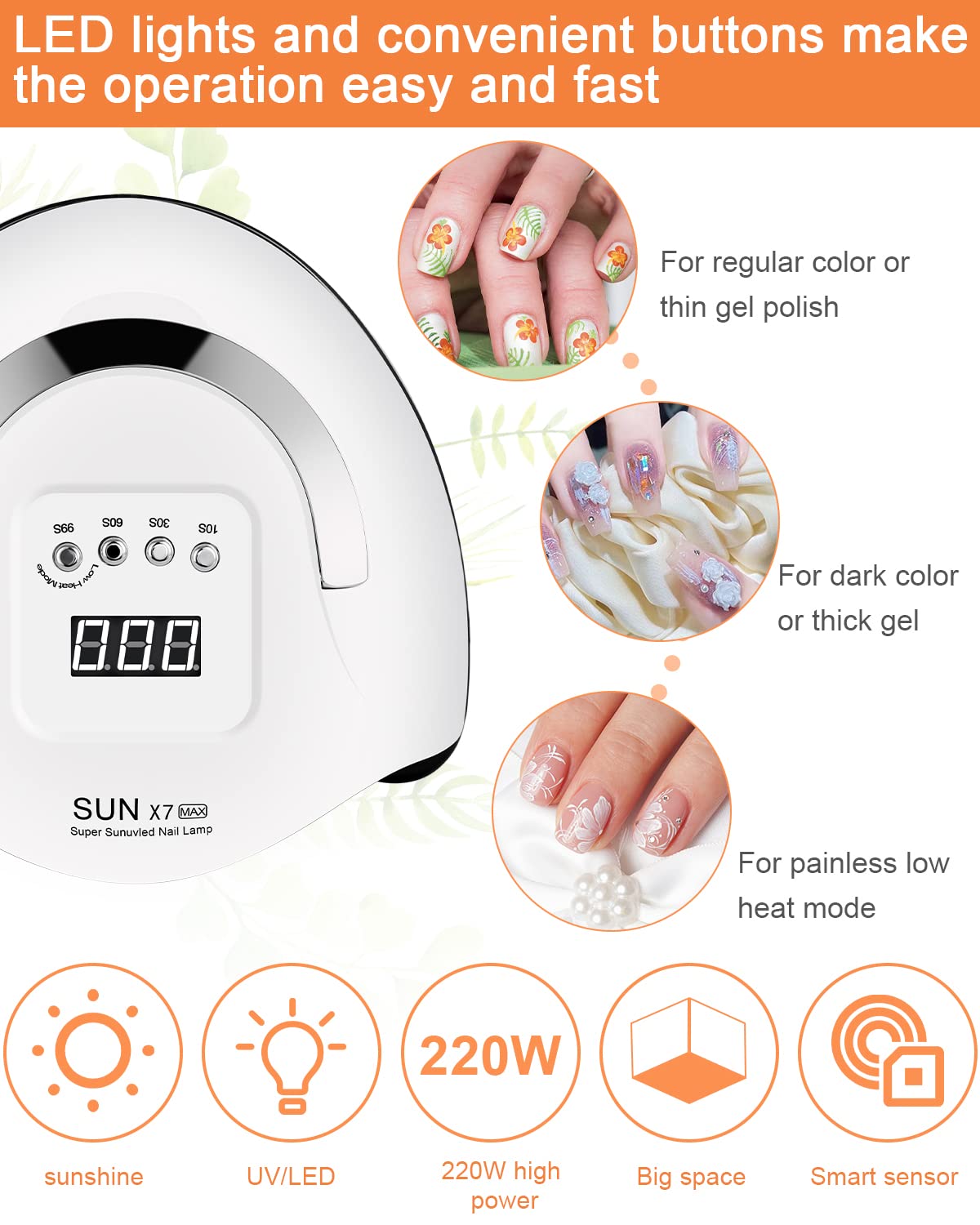220W Lampada Unghie UV LED, lampada uv unghie Automatico Sensore, Automatico Sensore Manicure, 4 Timer Preimpostati10/30/60/99s, LCD Display Lampada per unghie, Salone delle unghie domestico fai da te