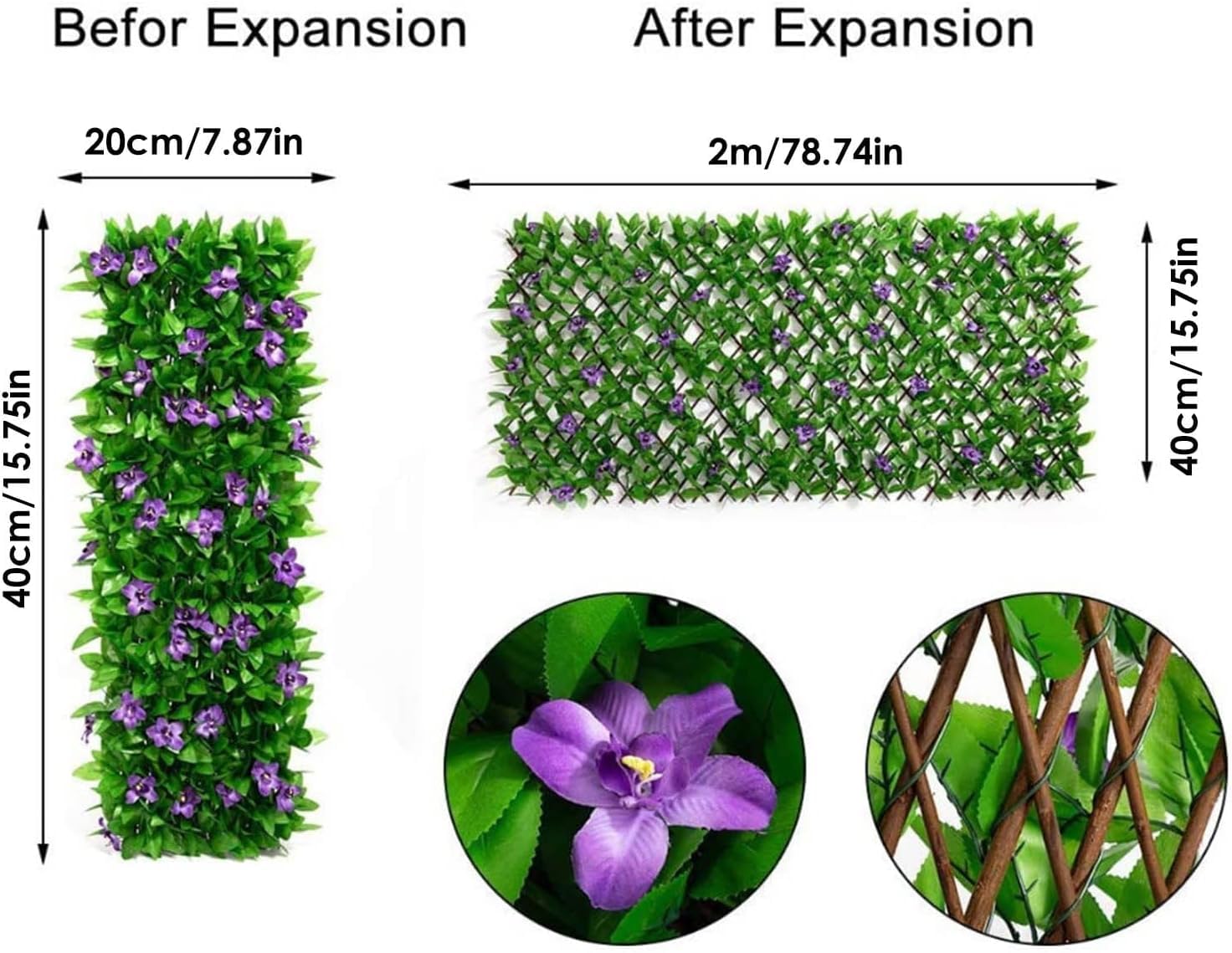 2Pcs Artificial Ivy and Violet Flower Fence Screening,Expanding Garden Trellis Panels for Balcony Patio Outdoor,Decorative Faux Ivy Fencing Panel,Artificial Hedges 40x200cm- Expanded (2) — view 3