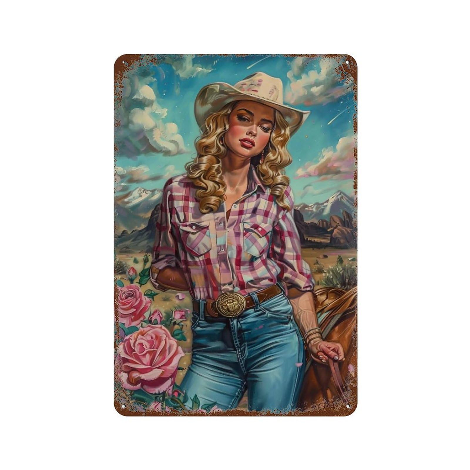 FHUYEURHRY Western Cowgirl & Horse 02 Wall Decor Retro Iron Vintage Art Metal Tin Sign Poster Modern Home Cofffee Club Art Bar Shop Decorations Style 30x20cm