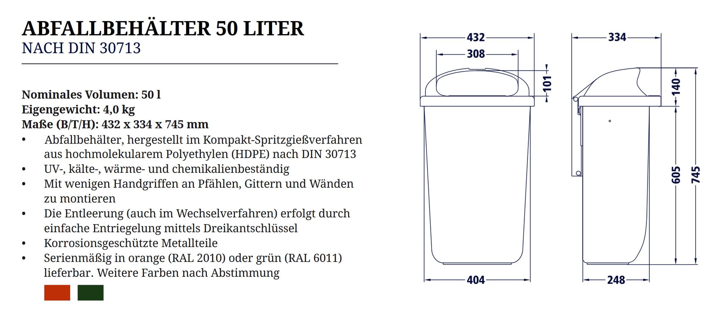 Poubelle en plastique en RAL 6017 VERT MAI LT. DIN 30713