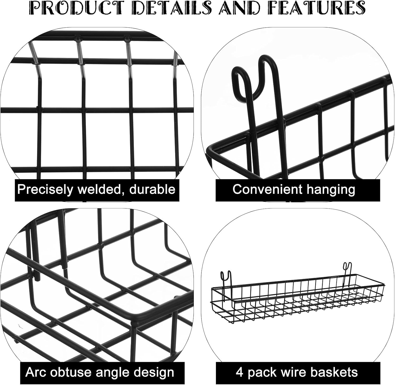 4 Pcs 15.75 x 3.94 x 1.97 Inch Metal Grid Wall Baskets with Hooks Grid Wall Shelves Hanging Wire Basket Multi Function Storage Organizer for Kitchen Organizing Display (Black)