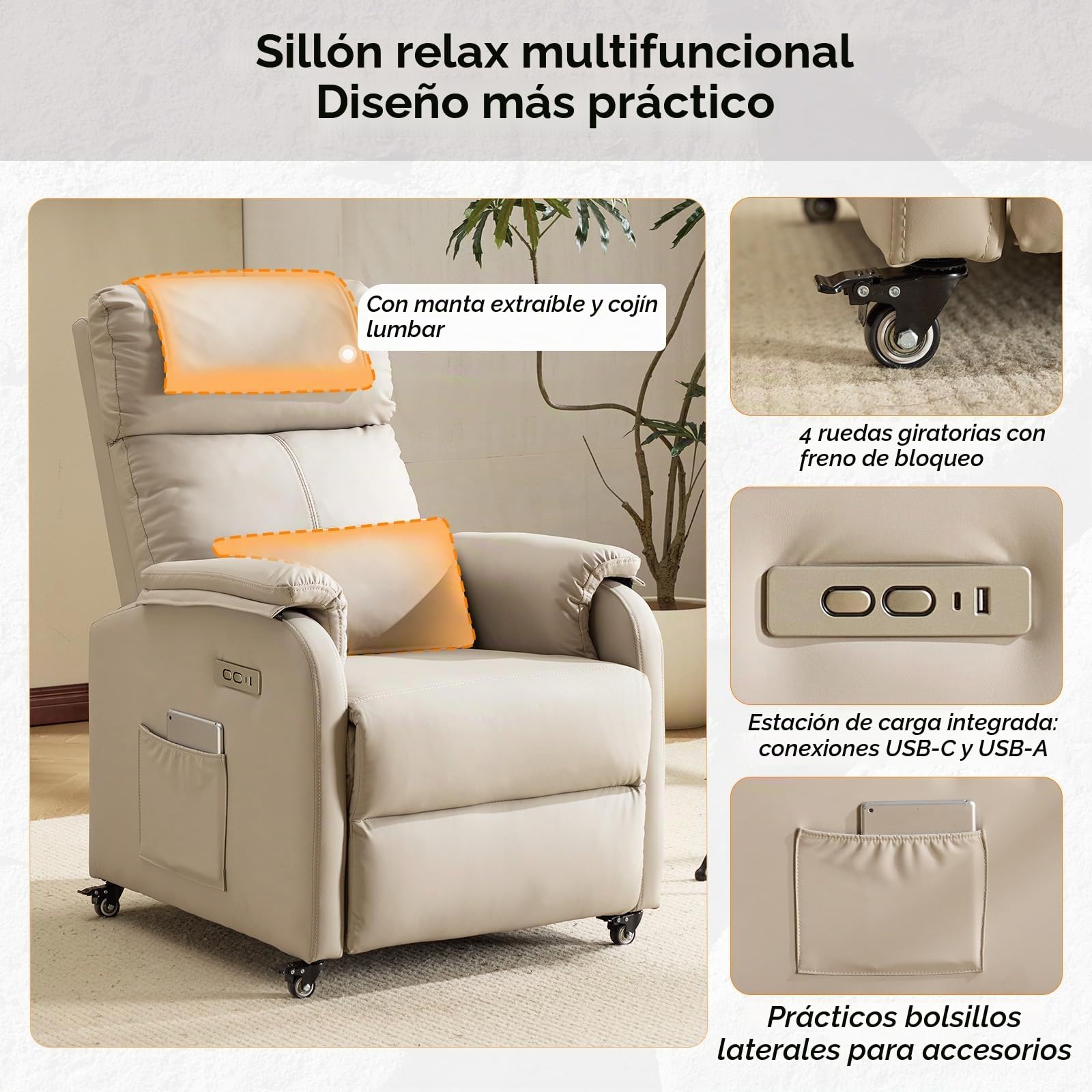 Bonnlo Sillón de relax, sillón de televisión, sillón de masaje eléctrico con función reclinable, sillón de TV, masaje de 2 puntos y función de calor, puertos USB-C y USB-A, 1 bolsillo lateral, piel