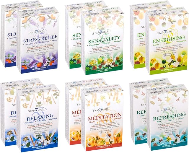 Stamford 37360 Aromatherapy Variety Set Incense Cones-12 Packs x 15 Cones, Black, One Size
