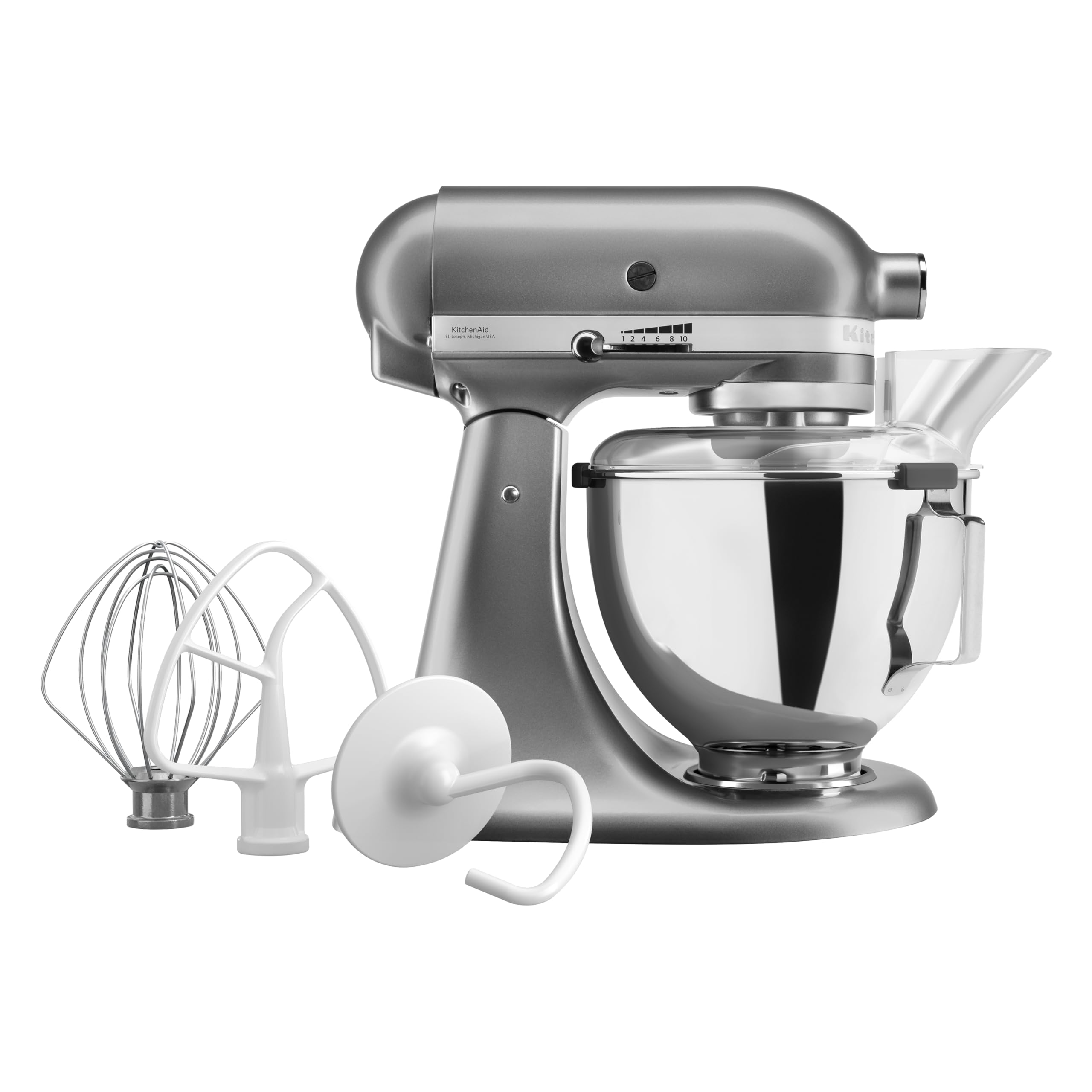 KitchenAid Classic Robot Pâtissier 4.3L à Tête Inclinable, 10 Vitesses Démarrage Doux, Batteur Plat, Crochet & Fouet, Mélange Planétaire, 59 Points de Contact, Argent Contour