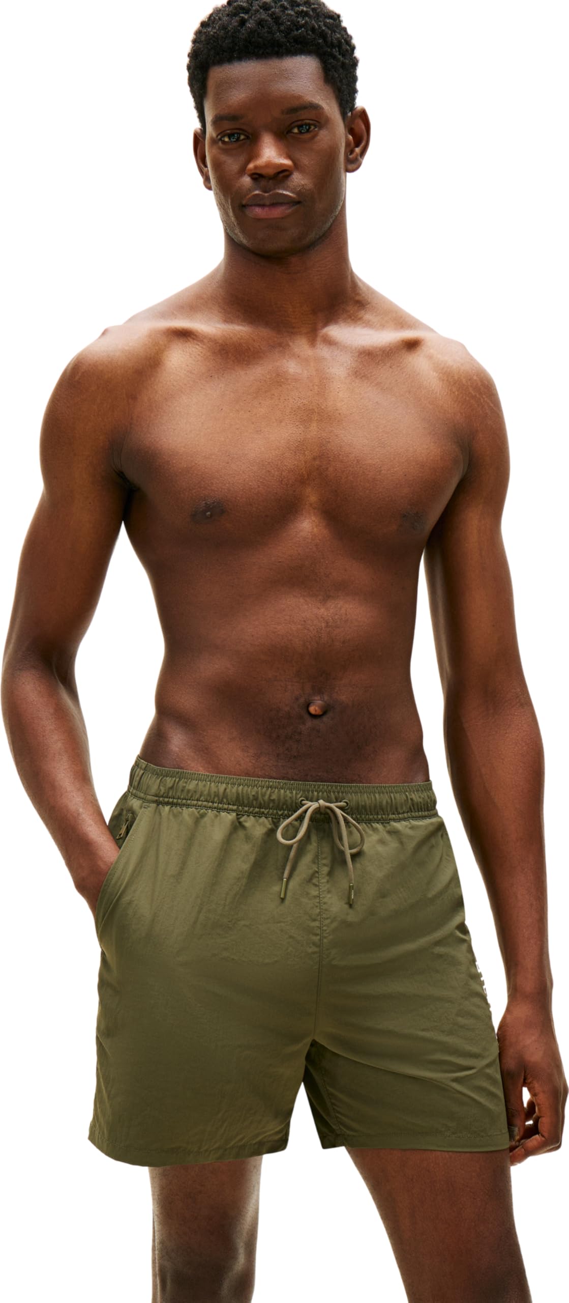 Tommy Hilfiger Men's Medium Drawstring Zip Pocket UM0UM03748 Swim Trunk, Khaki (Army Green), M