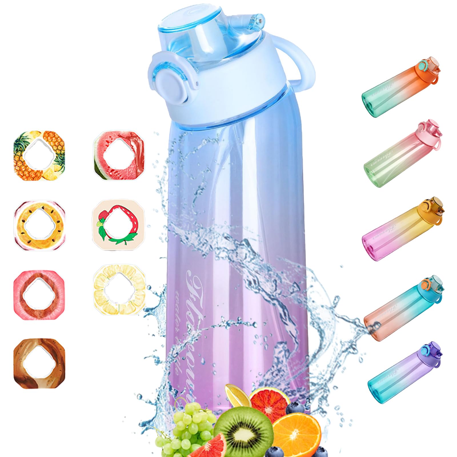 Botella con sabor, botella de agua de 900 ml, sin BPA, Tritán, botella con 7 cápsulas de sabor, ideal para correr y gimnasio al aire libre (azul, con 7 cápsulas)