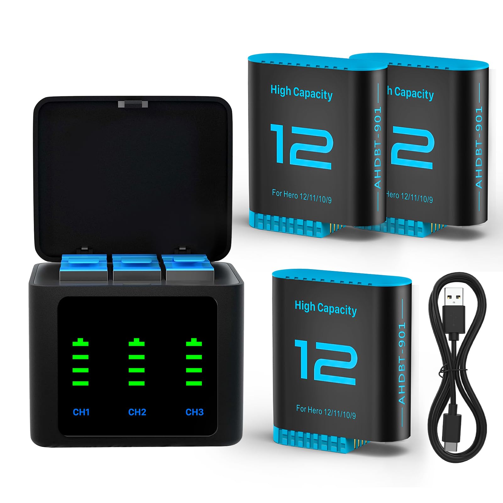 3er-Pack 2026 Upgrade 2580 mAh Hero 12 Akku und LED 3-Kanal-USB-Ladegerät, Hochleistungsakku für GoPro Hero 12/11/10/9 Black Enduro wiederaufladbare Kameras mit Typ-C-Datenkabel