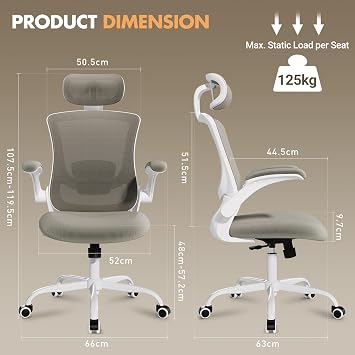 COLAMY Ergonomic Office Chair with Lumbar Support, Mesh Desk Chair with Adjustable Headrest, Computer Chair with Flip-up Armrest, Adjustable Seat Height and Tilt Function for Home Office Study, Khaki