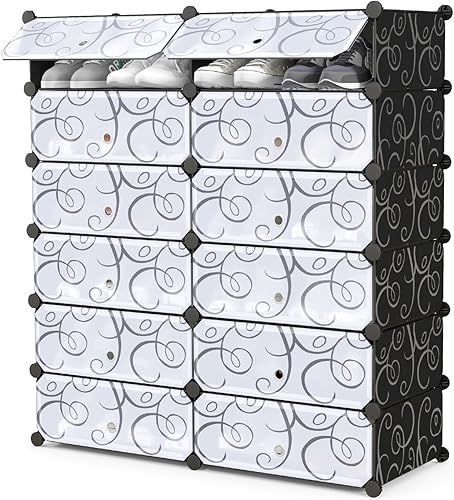 Miniatura 10 de COSTWAY Shoe Rack Organizer, 6 Tier Shoe Shelves with Covers, DIY Design, 24-Pair Stackable Cube Organizer Boxes, Freestanding Shoe Cabinet for