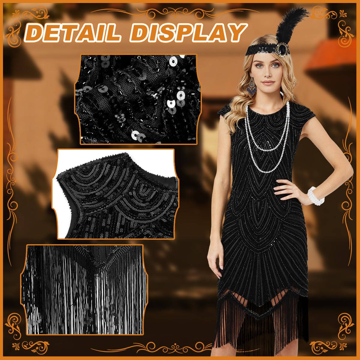 Vestido Años 20 Disfraz Años 20 Mujer, Vestido Charleston con Flecos y Lentejuelas,con Conjunto de accesorios Flapper de Los Años 20,para Carnaval, Halloween, Baile Fiesta