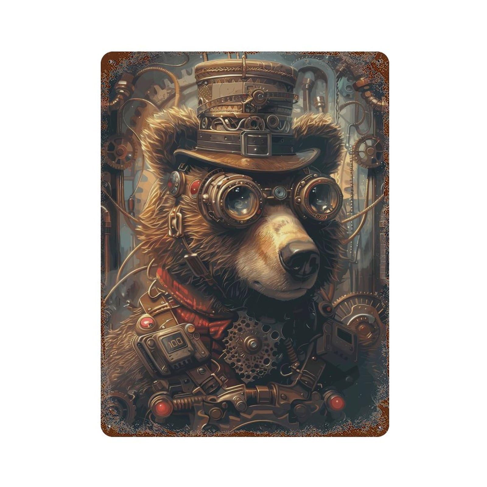 Animal Steampunk Bear Decorative Tin Sign 15.7"x11.8", for Bistro, Counter And Cafe Decor, Retro Wall Decor