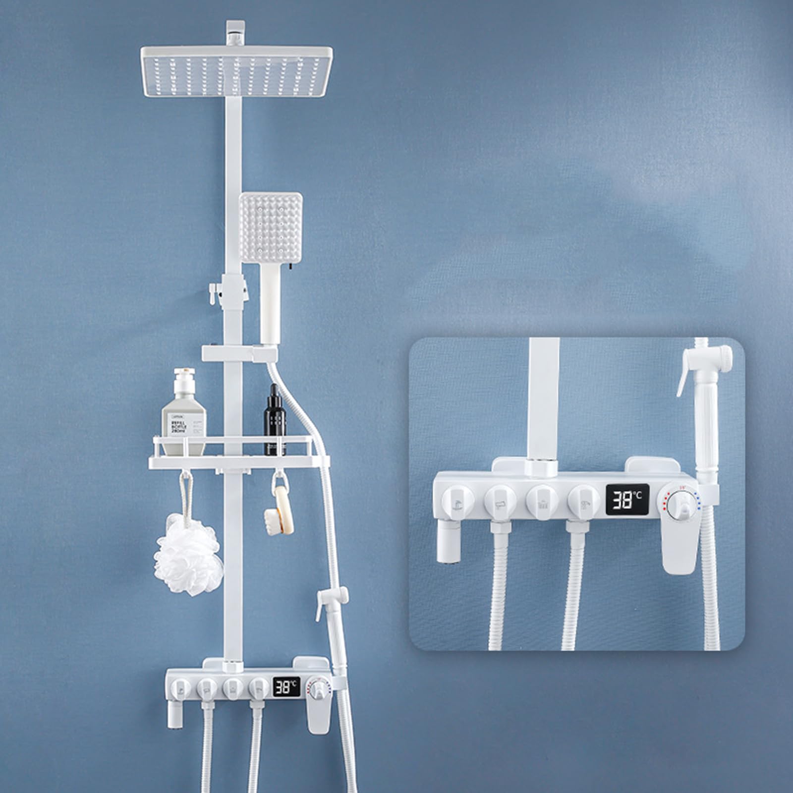 ZYCHSJXA Shower Faucet SetExposed White Thermostatic Digital Display with Swivel Tub Spout, 4 Function Fixture Rain, 5 Mode Handheld, Bidet Sprayer