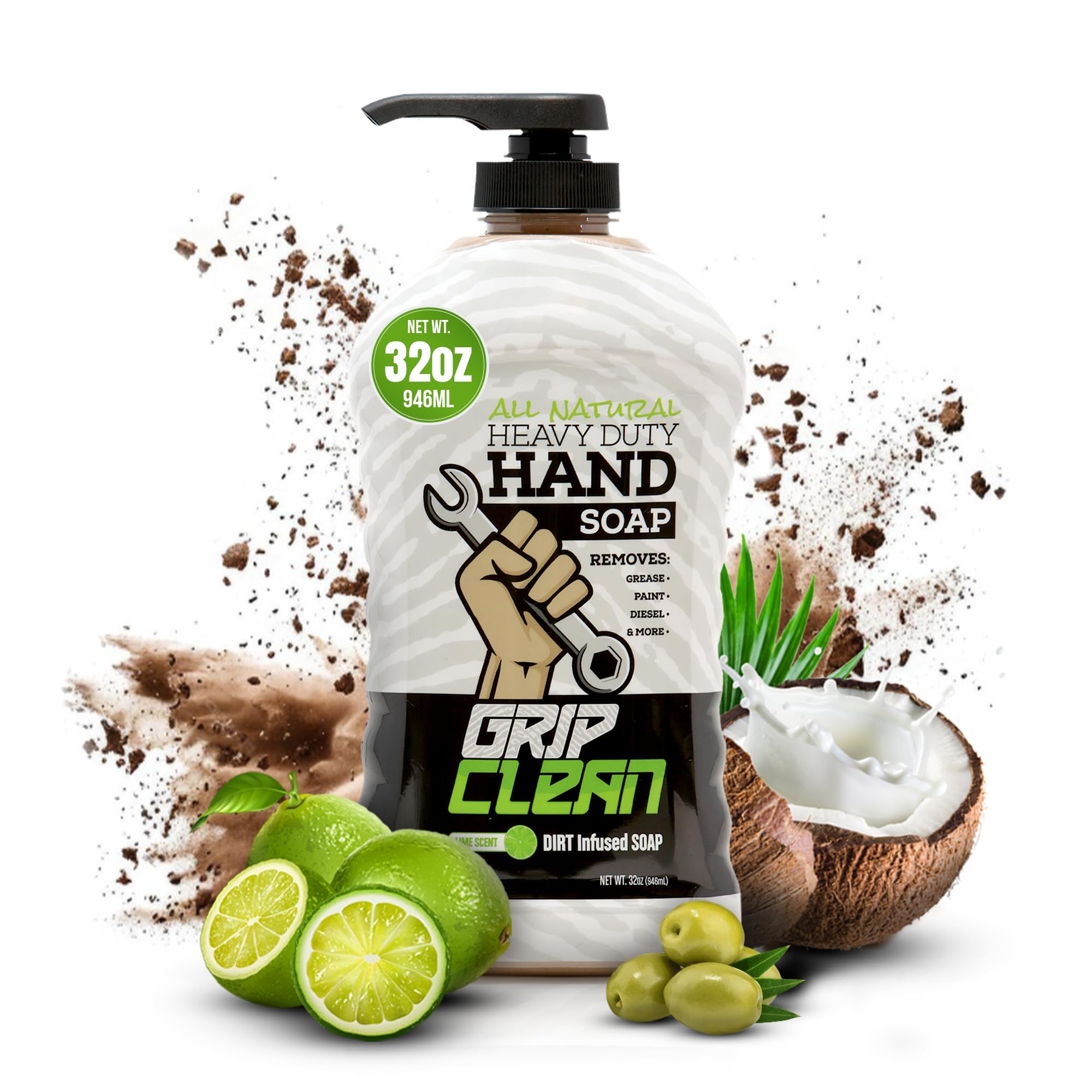 Grip Clean | Hand Cleaner for Auto Mechanics Heavy Duty Pumice Soap, DirtInfused Hand Soap Absorbs GreaseOil, Stains, Odors & More. All Natural Soap with Moisturizing Ingredients. Lime Scented