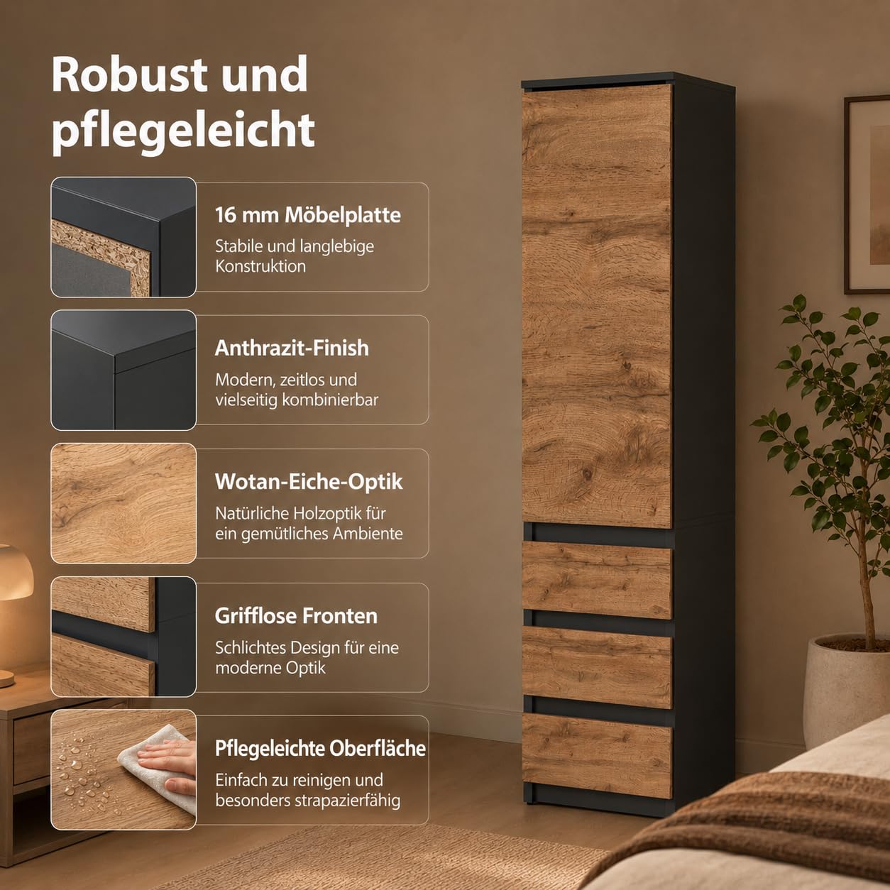 ELVA Kleiderschrank 40 cm breit – Modularer Mehrzweckschrank Anthrazit / Wotan Eiche – Grifflos Design Hochschrank mit Schubladen & Türen – Schmaler Vorratsschrank für Schlafzimmer, Flur & Büro