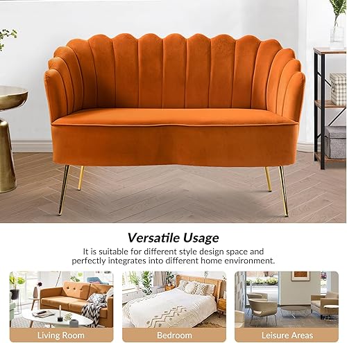 Miniatura 29 de HULALA HOME Moderno sofá biplaza de terciopelo con respaldo en forma de flor, cómodo sofá tapizado de 2 plazas con patas de metal dorado, sofá